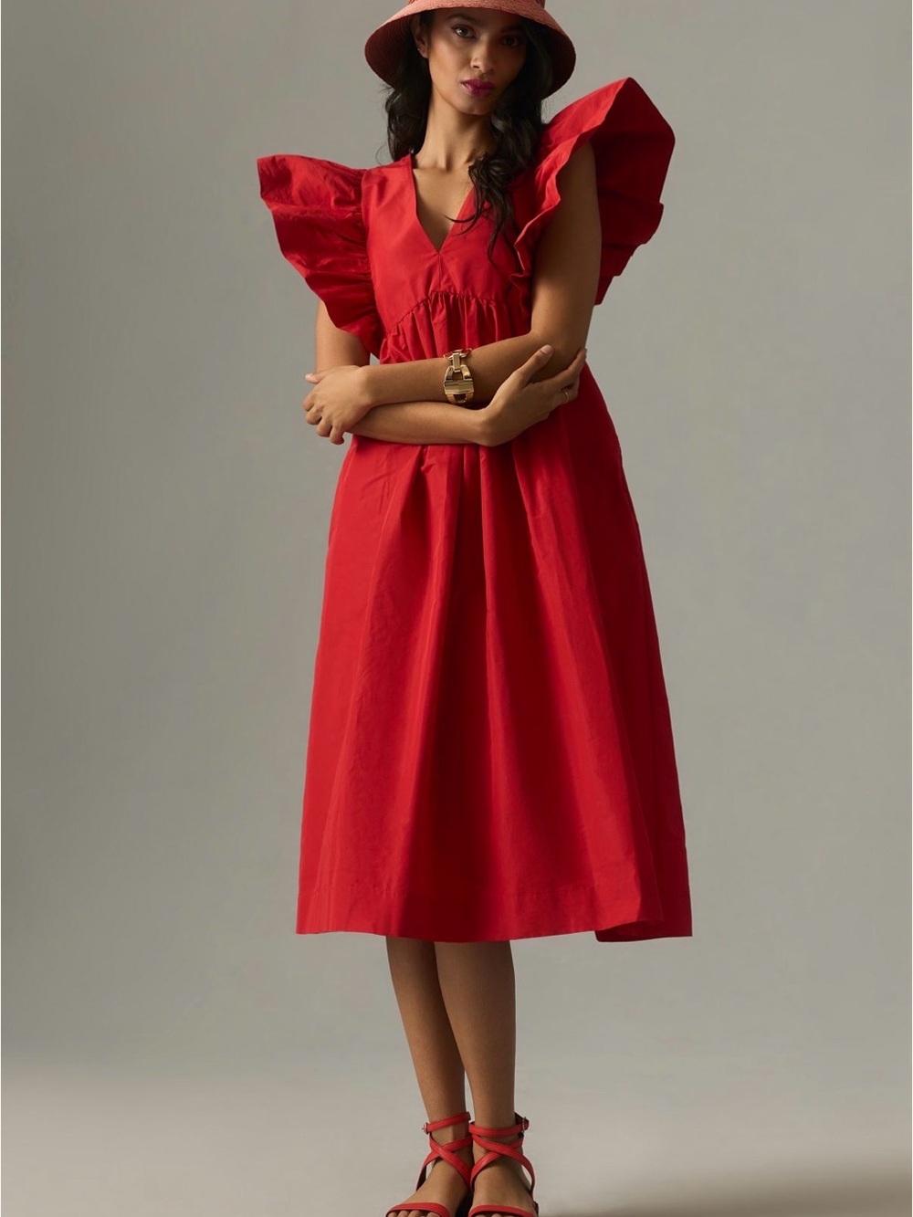 Anthropologie Volume Sleeve Babydoll Midi Dress Red Small Ruffle Sleeve